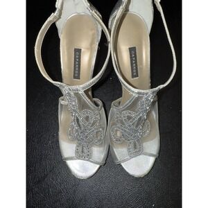 Caparros Silver Mesh & Rhinestone Strappy Peep Toe Heels Back Zip Closure  Sz 9
